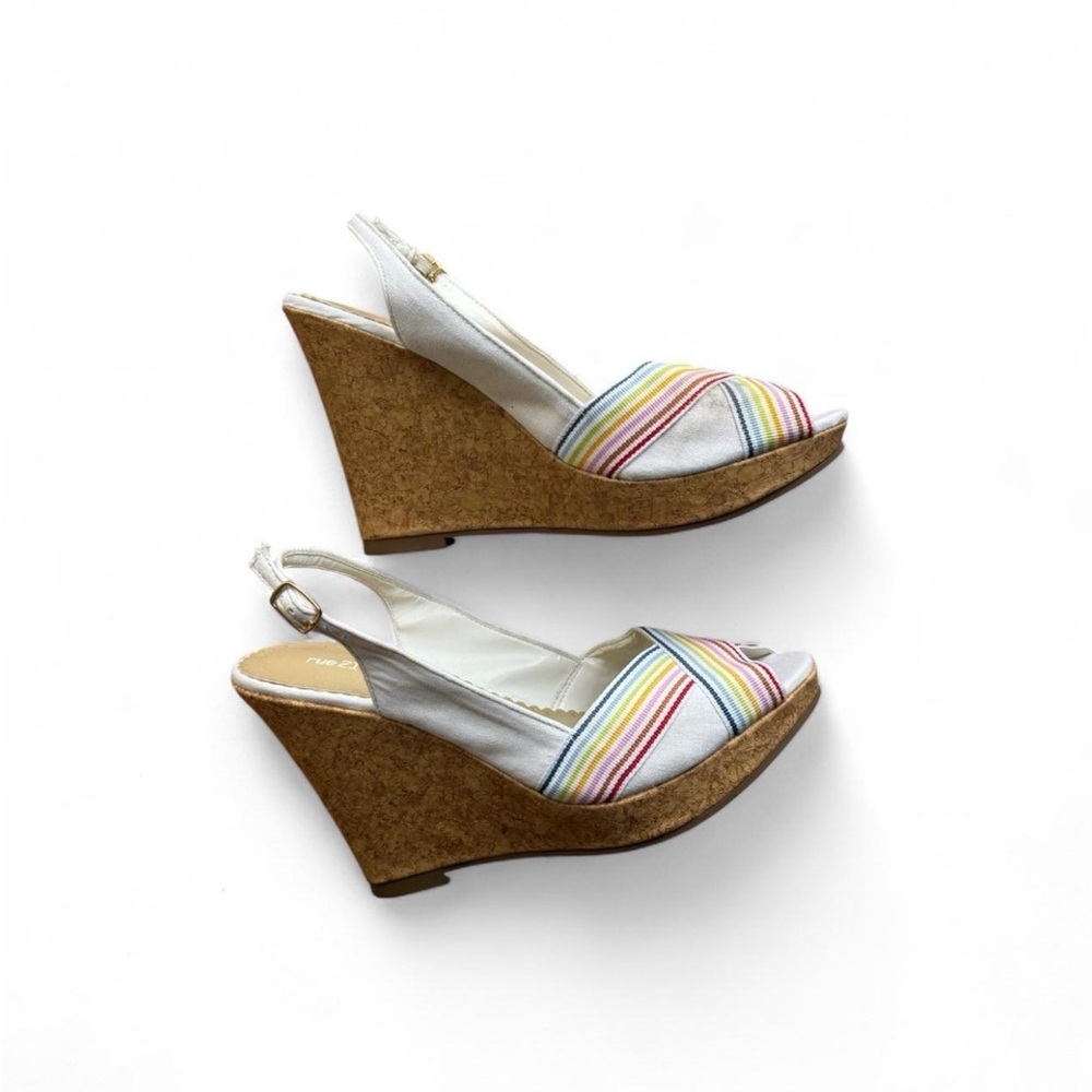 Rainbow stripe white wedge cork heels with strap